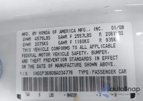2008 Honda Accord 3.5 Ex-L z USA, uszkodzony, nr VIN 1HGCP36808A034776